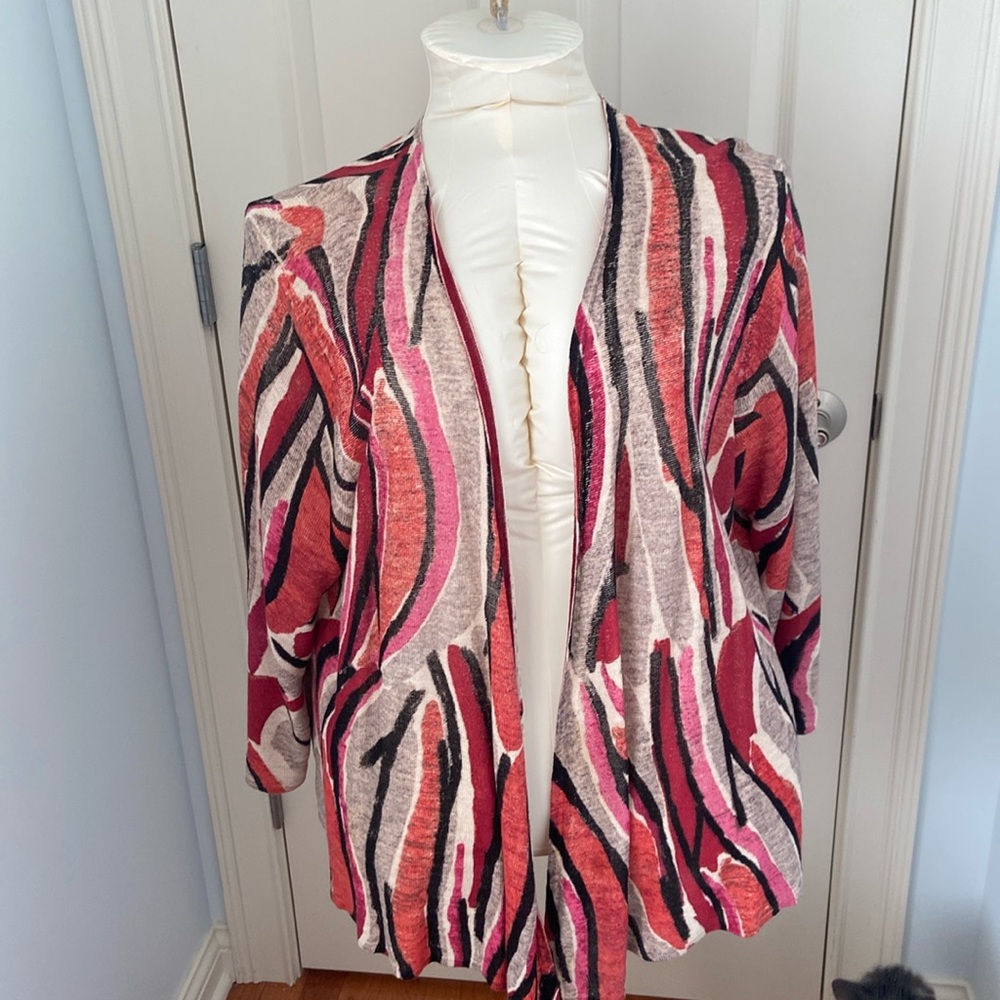 NIC+ZOE Pink Red Black Abstract Open Cardigan